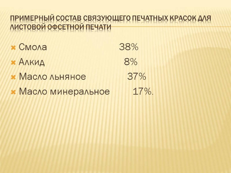 Примерный состав связующего печатных красок для листовой офсетной печати Смола    